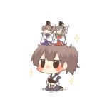  1girl akagi_(kantai_collection) black_eyes blush bow_(weapon) brown_hair figure hat hina_ningyou hinamatsuri kaga_(kantai_collection) kantai_collection lowres object_on_head objectification rebecca_(keinelove) short_hair side_ponytail sitting sparkle weapon 