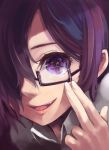  1girl brown_eyes brown_hair close-up face fang glasses grin hair_over_one_eye original smile solo window1228 