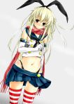  1girl absurdres black_panties blonde_hair blush elbow_gloves gloves hairband highres kantai_collection long_hair looking_at_viewer navel panties personification shimakaze_(kantai_collection) skirt solo striped striped_legwear thighhighs underwear white_gloves 