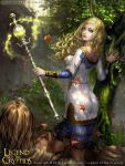  baby blonde_hair circlet fairy green_eyes leaf legend_of_the_cryptids long_hair official_art shadowgrave skirt staff torn_clothes tree 
