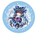  1girl alternate_color black_hair black_legwear blue_dress bow detached_sleeves dress gohei hair_bow hair_tubes hakurei_reimu long_sleeves mikazuki_sara open_mouth pantyhose pink_eyes player_2 smile solo spell_card touhou wide_sleeves yin_yang 