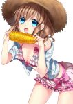  1girl bikini blue_eyes bow breasts brown_hair cleavage corn hanasaki_mahiru hat hisho_collection leaning_forward official_art open_clothes open_mouth open_shirt shirt skirt solo straw_hat swimsuit 