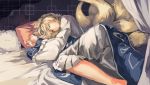  1girl blonde_hair canopy_bed dress forest fox_tail long_sleeves lying multiple_tails nature no_hat on_bed on_side pillow sm5050 solo tabard tail touhou white_dress wide_sleeves yakumo_ran yellow_eyes 