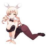  1girl animal_ears bare_shoulders blonde_hair blush bowtie breasts bunny_girl bunny_tail bunnysuit cleavage detached_collar drill_hair large_breasts looking_at_viewer mahou_shoujo_madoka_magica pantyhose rabbit_ears simple_background smile solo tail tomoe_mami torigoe_takumi twin_drills white_background wrist_cuffs yellow_eyes 