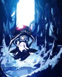  1girl barefoot bodysuit breasts cape gloves glowing glowing_eyes hat infinote kantai_collection monster pale_skin personification shinkaisei-kan short_hair silver_hair sitting solo torn_clothes wariza wo-class_aircraft_carrier yellow_eyes 