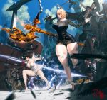  2girls 4boys axe blade_&amp;_soul blonde_hair breasts cleavage electricity green_eyes highres horns huge_breasts large_breasts multiple_boys multiple_girls nightmadness short_hair sword tiger weapon 