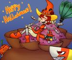  1girl andy_anvil arms_behind_head artist_name avery_(skullgirls) blue_background blush_stickers candy candy_corn closed_eyes english extra_eyes feather_duster george_the_bomb gias-ex-machella gloves happy_halloween hat jack-o&#039;-lantern open_mouth peacock_(skullgirls) redhead sack sharp_teeth simple_background sitting skullgirls smile tagme top_hat witch_hat 