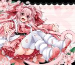  1girl :3 animal_ears arm_warmers blush bow breasts cat_ears cat_tail flower hair_bow hair_flower hair_ornament long_hair open_mouth original outstretched_arms outstretched_hand panties paw_shoes petals pink pink_background pink_hair pink_panties smile solo tail takatsuki_ichi thighhighs underwear white_legwear 
