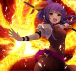 1girl arm_ribbon at-yui bow brown_dress dress fire flame hair_bow looking_at_viewer open_mouth polearm ponytail puffy_sleeves purple_hair red_eyes sash shirt short_sleeves solo touhou watatsuki_no_yorihime weapon 