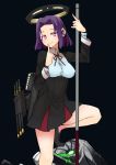  1girl halberd kantai_collection looking_at_viewer machinery mechanical_halo personification pink_eyes polearm purple_hair ribbon shinkaisei-kan short_hair smile tatsuta_(kantai_collection) turret weapon yokohachi 