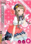  1girl blush braid brown_hair card_(medium) character_name dress gloves headdress long_hair love_live!_school_idol_project minami_kotori official_art ribbon solo thighhighs twin_braids wink yellow_eyes 