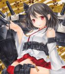  1girl bare_shoulders black_hair detached_sleeves hair_ornament japanese_clothes kantai_collection kneeling nontraditional_miko personification pleated_skirt red_eyes skirt solo tatara_kaeru yamashiro_(kantai_collection) 