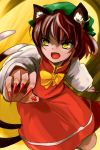  1girl animal_ears brown_hair cat_ears cat_tail chen fangs fingernails multiple_tails red_fingernails sharp_fingernails short_hair skirt slit_pupils tail touhou two_tails vest yellow_eyes yumedorobo 