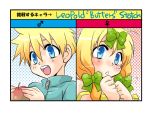  1boy apple blonde_hair blue_eyes bow butters_stotch character_name directional_arrow dual_persona food fruit hair_bow leopold_stotch male marjorine mars_symbol open_mouth sakurapanda solo south_park tagme translation_request trap triangle_mouth venus_symbol 