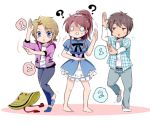  1boy 2girls ? barefoot blonde_hair blue_eyes blush_stickers brown_hair chibi dancing dress frills golden_time hat hayashida_nana hoodie kaga_kouko lowres multiple_girls rice_hat simple_background speech_bubble torioigasa ume_chazuke white_background 