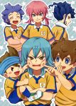  6+boys anger_vein blue_eyes blue_hair blush brown_hair closed_eyes headband inazuma_eleven_(series) inazuma_eleven_go kageyama_hikaru kariya_masaki kirino_ranmaru lightning_bolt male matsukaze_tenma nishizono_shinsuke open_mouth pink_hair purple_hair raimon riho soccer_uniform star tears tsurugi_kyousuke twintails yellow_eyes 