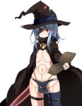  1girl black_panties blue_hair book cape eyepatch hat jewelry loincloth midriff navel original panties pointy_ears red_eyes ring single_thighhigh solo tattoo thigh_strap thighhighs underwear witch_hat wk_(low-f) 
