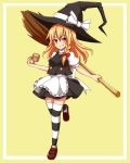  1girl adapted_costume apron bow braid broom frame grin haniwagi_(hal) hat hat_bow kirisame_marisa looking_at_viewer mini-hakkero puffy_sleeves shirt short_sleeves single_braid skirt smile solo striped striped_legwear thigh-highs touhou vest waist_apron witch_hat yellow_eyes zettai_ryouiki 