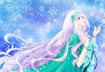  1girl alternate_hair_color aqua_dress blue_eyes bracelet dress green_dress jewelry macross macross_frontier mizusawa_nagi open_mouth purple_hair sheryl_nome snowflakes solo 