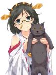  1girl bandaid bare_shoulders black_hair blue_eyes cat detached_sleeves glasses hairband ichiman_nisen_yen japanese_clothes kantai_collection kirishima_(kantai_collection) messy_hair miko paw_print personification short_hair smile white_background 