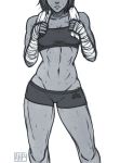  1girl abs alternate_hair_length alternate_hairstyle avatar:_the_last_airbender bandages breasts dark_skin greyscale head_out_of_frame iahfy korra legend_of_korra lowleg_shorts monochrome short_hair short_shorts shorts sketch solo sports_bra sweat thick_thighs thighs toned towel towel_around_neck 