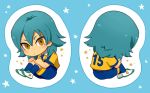  1boy aqua_hair chibi inazuma_eleven_(series) inazuma_eleven_go kariya_masaki lightning_bolt male raimon riho sitting soccer_uniform solo star yellow_eyes 