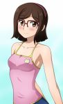  1girl bare_shoulders blush breasts brown_eyes brown_hair glasses gundam gundam_build_fighters hairband highres kenken kousaka_china looking_at_viewer over-rim_glasses red-framed_glasses semi-rimless_glasses short_hair smile solo tank_top 