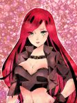  1girl aa2233a breasts cleavage collar green_eyes hand_on_hip jacket league_of_legends long_hair navel redhead scar solo very_long_hair 