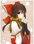  1girl adapted_costume bow brown_eyes brown_hair cape dress gauntlets hair_bow hakurei_reimu looking_at_viewer open_mouth red_dress scarf solo touhou wide_sleeves yuuta_(monochrome) 