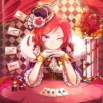  1girl ;) bouquet card crown flower heart_tattoo looking_at_viewer love_live!_school_idol_project nishikino_maki one_eye_closed redhead rose short_hair smile solo tattoo violet_eyes xinghuo 