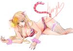  1girl animal_ears aqua_eyes bikini blonde_hair breasts cleavage fishnets highres macross macross_frontier sheryl_nome solo swimsuit tail tiger_ears tiger_print tiger_tail yuiko09 