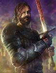  1boy 2013 a_song_of_ice_and_fire armor beard belt blood blood_on_face bloody_weapon brown_hair chainmail cloudy_sky copyright_name facial_hair full_armor game_of_thrones gauntlets highres long_hair looking_at_viewer male manly realistic sandor_clegane scar signature silhouette solo spaulders steven_donegani sword weapon 