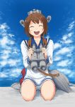  binoculars brown_hair cannon closed_eyes clouds hair_ornament kantai_collection open_mouth panties pantyshot pantyshot_(sitting) personification sailor_dress short_hair sitting sky smile turret underwear vent_arbre white_panties yukikaze_(kantai_collection) 