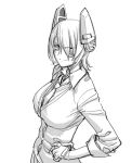  1girl breasts eyepatch hair_over_one_eye hand_on_hip kantai_collection large_breasts magaki_ryouta monochrome simple_background sketch solo tenryuu_(kantai_collection) white_background 