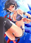  1girl asymmetrical_wings bikini black_hair gishu houjuu_nue nail_polish pointy_ears red_eyes short_hair solo striped striped_bikini striped_swimsuit swimsuit thighhighs touhou underwater wings 