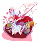  1girl acelolo baton boots chair dress hat instrument jakuzure_nonon jar kill_la_kill musical_note pillow pink_eyes pink_hair pocky rubik&#039;s_cube shako_cap sitting smile solo stuffed_animal stuffed_toy trumpet uniform wariza 