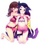  2girls ;d absurdly_long_hair barefoot black_hair blush bra breasts brown_eyes brown_hair gatchaman_crowds hijiri_rei hug ichinose_hajime large_breasts leg_garter lingerie long_hair multiple_girls navel open_mouth panties simple_background small_breasts smile underwear underwear_only utsutsu very_long_hair white_background wink 