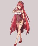  1girl alternate_costume bare_shoulders bespectacled blush braid breasts cleavage cleavage_cutout full_body glasses hat high_heels highres hong_meiling leg_garter long_hair red_eyes redhead ribbon simple_background smile solo star touhou twin_braids very_long_hair wengcang_hefeng 