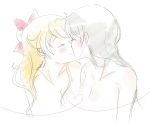  2girls aino_minako bare_shoulders bishoujo_senshi_sailor_moon black_hair blonde_hair bow bust closed_eyes couple hair_bow heart heart_of_string hino_rei incipient_kiss k_(nextstopplease) kiss multiple_girls nude pale_color yuri 