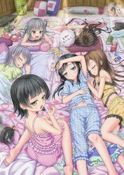  6+girls admiral_(kantai_collection) alarm_clock alternate_hairstyle aoki_hagane_no_arpeggio arare_(kantai_collection) arashio_(kantai_collection) asashio_(kantai_collection) barefoot bed_sheet bird black_hair blush book box brand_name_imitation brown_hair clock closed_eyes dakimakura_(object) down_blouse food frills gotou_hisashi hair_down hat highres kantai_collection kasumi_(kantai_collection) long_hair lying michishio_(kantai_collection) multiple_girls navel ooshio_(kantai_collection) open_mouth pajamas penguin pillow rensouhou-chan saliva short_hair silver_hair sleeping strap_slip straw stuffed_animal stuffed_toy teddy_bear torpedo yawning yotarou_(aoki_hagane_no_arpeggio) 