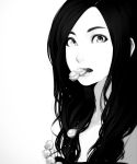  1girl black_hair bust eating face food lips long_hair mouth_hold original poaro solo white_background 