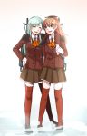  2girls arm_around_shoulder blue_eyes brown_hair closed_eyes green_hair hair_ornament hairclip hand_on_hip holding_hands jikasei kantai_collection kumano_(kantai_collection) long_hair machinery multiple_girls open_mouth personification ponytail suzuya_(kantai_collection) thighhighs 