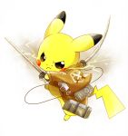  :&lt; cable cosplay cropped_jacket dual_wielding electricity no_hat pikachu pokemon pokemon_(creature) shingeki_no_kyojin solo sword three-dimensional_maneuver_gear tsukinose weapon 