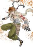  1boy abs baggy_pants bandages between_fingers brown_hair full_body grandia grandia_i hamagurihime headband highres jumping male older pointy_ears rapp short_hair solo tattoo very_short_hair weapon 