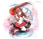  1girl brown_eyes brown_hair character_name cherry_blossoms hair_ornament highres kantai_collection long_hair looking_at_viewer makuwauri oriental_umbrella personification ponytail solo umbrella water yamato_(kantai_collection) 