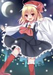  1girl ascot bell blonde_hair building christmas city crescent_moon esureki fang frilled_skirt frilled_sleeves frills hair_ribbon hat moon night open_mouth outstretched_arm red_eyes ribbon rumia sack santa_hat skirt sky smile snowing star_(sky) starry_sky thighhighs touhou zettai_ryouiki 