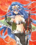  1girl armor belly blue_eyes blue_hair blush breastplate cape cardfight!!_vanguard elf gloves instrument long_hair pantyhose player_of_the_holy_bow_viviane pointy_ears red_background shoulder_pads solo violin weapon 