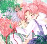  1boy 1girl bishoujo_senshi_sailor_moon blush bouquet chibi_usa double_bun flower happy helios horn lavender_hair leaf lowres nkoooch pink_hair school_uniform serafuku short_hair smile twintails 