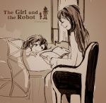  2girls bed book child closed_eyes copyright_name english logo long_hair looking_at_another lying monaka_(siromona) monochrome multiple_girls parted_lips sitting smile the_girl_(gnr) the_girl_and_the_robot 