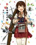  a5m aircraft akagi_(kantai_collection) arrow bow_(weapon) brown_eyes brown_hair closed_eyes japanese_clothes kantai_collection kirusu long_hair open_mouth personification smile translation_request victory_pose weapon yugake 